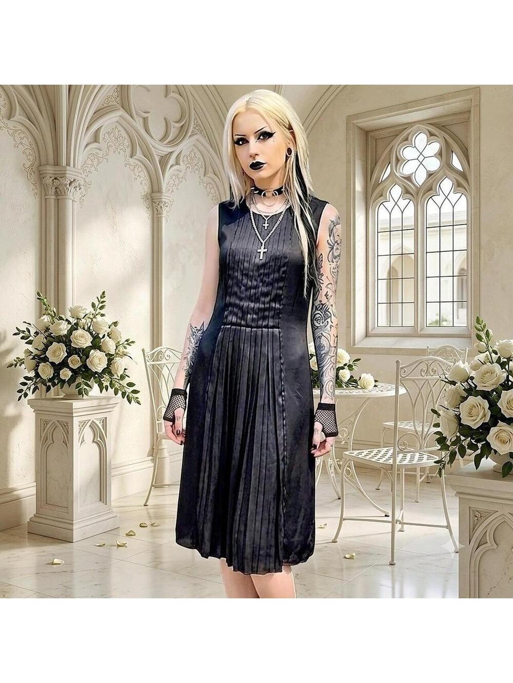 Gothic Pleated Silky Midi Dress 55